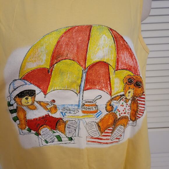 Y2K Yellow Teddy Bear Graphic Tank Top 2000s Flowy Cotton XL Summer Cute - Picture 5 of 8